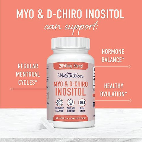 Myo-Inositol & D-Chiro Inositol | Hormone Balance for Women | Ideal 40:1 Ratio | Myo Inositol 2000mg, D Chiro 50mg | Vitamin B8 to Regulate Menstrual Cycle & Support Ovarian Health | SM Nutrition