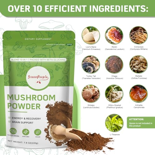 GREENPEOPLE Mushroom Powder - Mushrooms Supplement Blend for Coffee & Smoothies - Lions Mane, Turkey Tail, Reishi, Chaga, Shiitake, Cordyceps, Complex - 7.7oz Mushroom Supplement(78 Servings)