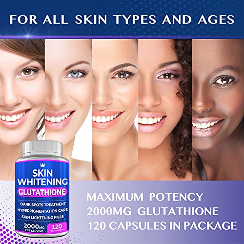 Glutathione Whitening Pills - 120 Capsules 2000mg Glutathione - Effective Skin Lightening Supplement - Dark Spots, Melasma & Acne Scar Remover, Hyperpigmentation Treatment - Anti-Aging Antioxidant