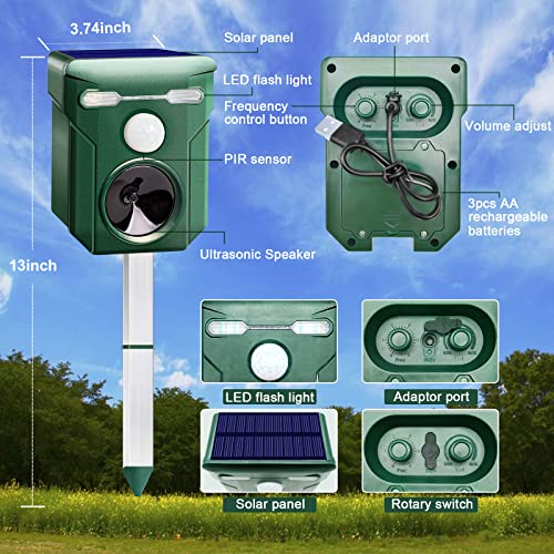 Solar Ultrasonic Animal Repeller - Cat Coyote Deterrent Outdoor, Squirrel Deer Dog Repellent with Motion Detection & Flashlight & Ultrasonic Sound, Keep Cats Skunk Rabbit Fox Out of Yard Permanently