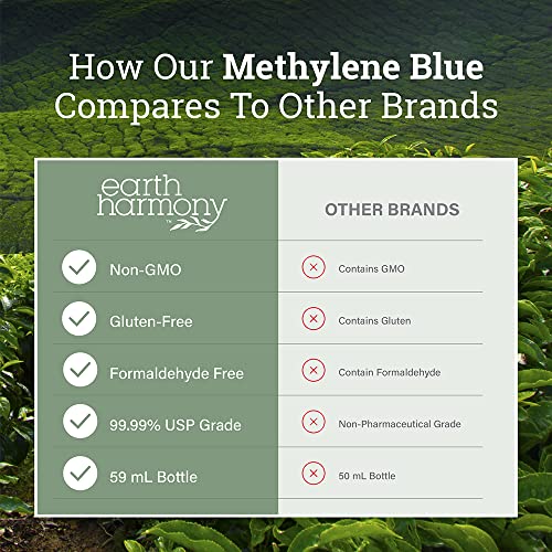 Earth Harmony Methylene Blue Pharmaceutical Grade 99.99% with Dropper, with Liquid Gold for Enhanced Photodynamic Activity & Increased Absorption, Methylene Blue USP Grade, No Formaldehyde (2 Oz)