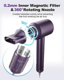 7MAGIC High-Speed Hair Dryer, 110,000RPM Brushless Motor for Fast Drying, 1400W Blow Dryer with Tri-Colour LED Light Ring, Low Noise Ionic Hair Dryer for Home and Travel, Magnetic Nozzle, Purple