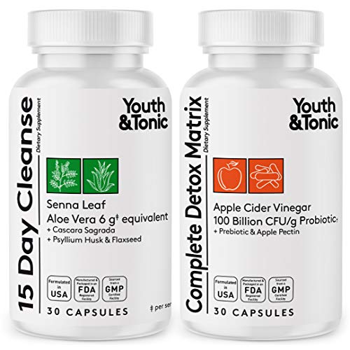 Youth & Tonic Colon Cleanser & Detox for Loss of Waste, Breaking The Plateau, Bloating. 60 Pills for Cleanse with Senna Leaf, Apple Cider Vinegar, Glucomannan and More