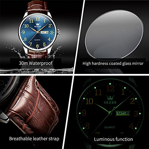 OLEVS Brown Men Watches Blue Big Dial Leather Analog Mens Watch Casual Luminous Easy Reader Watches for Elderly Three Hands Dress Watch Day and Date Impermeable Male Watch for Fathers Gifts