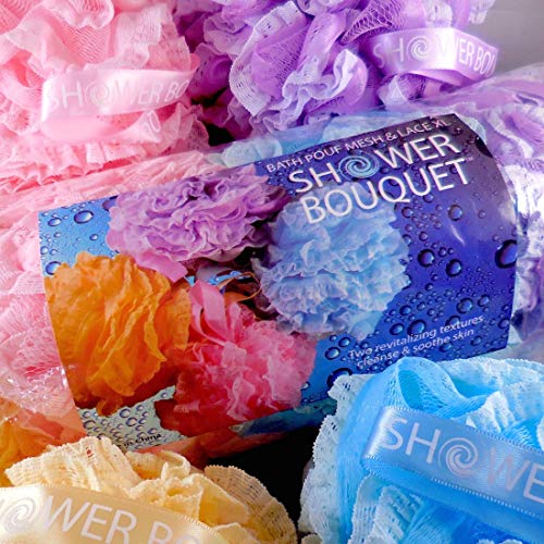 Loofah-Bath-Sponge Lace-Mesh-Set >> 2-Scrubs-in-1 by Shower Bouquet: Large Full 60g Pouf (4 Pack Spa Colors) Body Luffa Loofa Loufa Puff - Exfoliate, Cleanse Skin with Luxurious Bathing Accessories