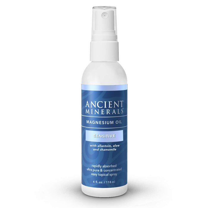 Ancient Minerals Magnesium Oil Spray Sensitive All-New Sensitive Formula with Allantoin, Organic Chamomile, and Organic Aloe Vera (4oz)