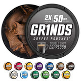 Grinds Coffee Pouches | 6 Cans of Double Shot Espresso | 18 Pouches Per Can | 2x Caffeine 1 Pouch eq. 1/2 Cup of Coffee