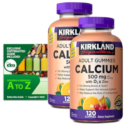 Kirkland Signature Calcium Gummies 500 mg with D3 & Zinc, Bone Health, 120 Gummies (2 Pack) Bundle with Exclusive Vitamins & Minerals - A to Z - Better Idea Guide