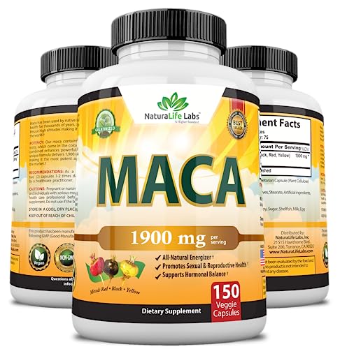 Organic Maca Root Black, Red, Yellow 1900 MG per Serving - 150 Vegan Capsules Peruvian Maca Root Gelatinized 100% Pure Non-GMO Supports Reproductive Health Natural Energizer