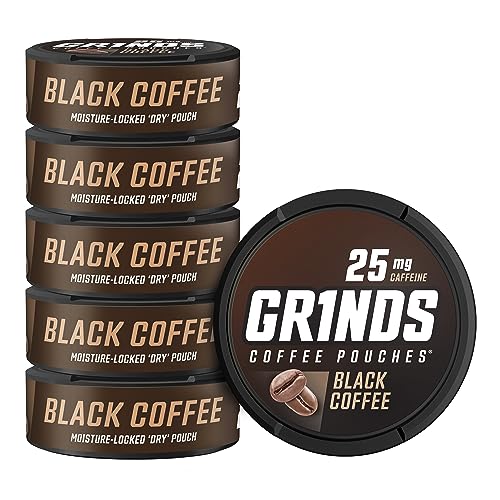 Grinds Coffee Pouches | 6 Cans of Black Coffee | 18 Pouches Per Can | 1 Pouch eq. 1/4 Cup of Coffee (Black Coffee)