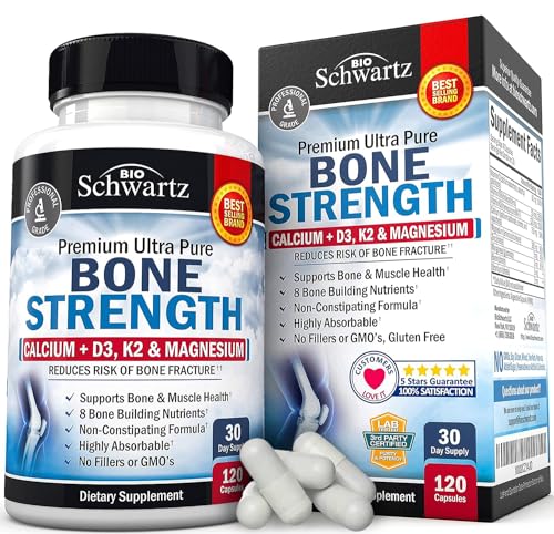 Bone Strength Supplement with Calcium + D3, K2 & Magnesium - Highly Absorbable Vitamin Blend for Bone & Muscle Support - Non-Constipating Formula - 8 Bone Building Nutrients - 120 Veggie Capsules