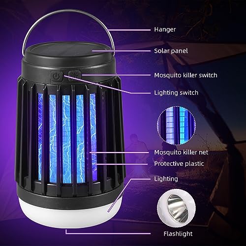 Solar Bug Zapper Outdoor Waterproof Mosquito Zapper for Patio Home Camping, 3 in 1 Cordless Mosquito Light Killer Portable Small Bug Zapper - Camping Light, Mosquito Killer, Flashlight - Black, 2 PCS