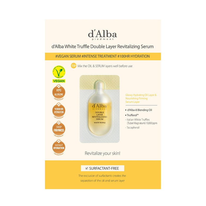 d'Alba Italian White Truffle Double Layer Revitalizing Serum, 100hr hydration serum, 2 in 1 double solution serum, glow and long-lasting moisture serum, (Sample, 0.03 fl.oz)