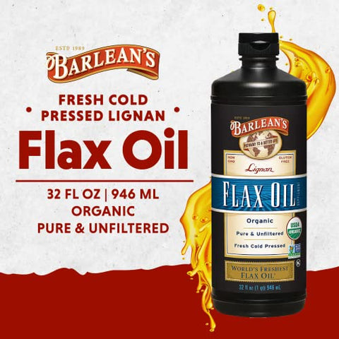Barlean's Organic Lignan Flaxseed Oil Liquid Supplement from Cold Pressed Flax Seeds, 7,230 mg ALA Omega-3 Fatty Acids, Cold Press Flax Seeds for Joint & Heart Health, 32 oz