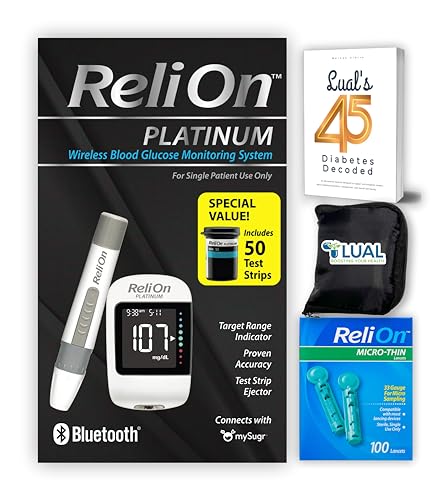 ReliOn Platinum Wireless Blood Glucose Monitoring System: Bluetooth-Enabled, Quick Results, with "Lual's 45: Diabetes Decoded" Guide & Complete Kit