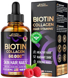Liquid Biotin & Collagen - Vitamins for Hair Growth Support for Women & Men - Extra Strength 60000 mcg Drops - B7 Supplement - Strong Nails & Healthy Skin - 98% Faster Absorption Than Pills
