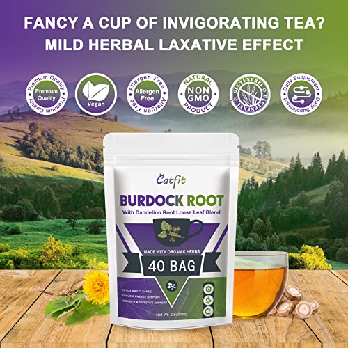 Organic Burdock Root Herbal Tea with Dandelion Root Loose Leaf Blend for Detox, Digestion & Improving Liver Health, Non-GMO, Caffeine Free, 40 Tea Bags