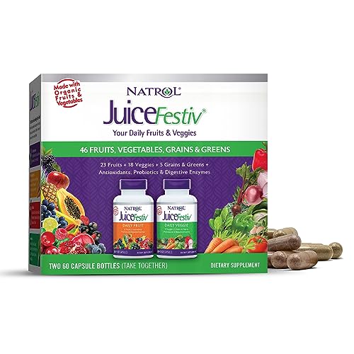 Natrol JuiceFestiv Daily Fruit & Veggie with SelenoExcell and Whole-Food [Phyto] Nutrients, Dietary Supplement Supports Better Nutrition, Two 60 Capsule Bottle, 30 Day Supply (Pack of 12)