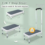 Medical Step Stool with Handle Elderly Adults Bed Steps for High Beds Rails Adjustable Assist Bar Heavy Duty Stepping Stool Metal Wide Step Platform Seniors Handicap Bed Side Foot Stool with Handrail