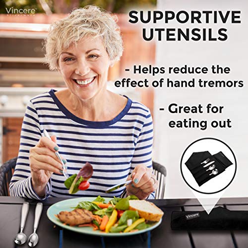 Weighted Utensils for Tremors and Parkinsons Patients - Heavy Weight Stainless Steel Silverware Set, Adaptive Eating Flatware Helps Hand Tremors, Parkinson, Arthritis - Knife, Fork, 2 Spoons & Bag