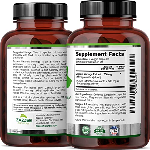 Zazzee Organic Moringa Oleifera 10:1 Extract, 7500 mg Strength, 100% Pure Superfood, 180 Vegan Capsules, Concentrated and Standardized 10X Leaf Extract, Vegetarian, All-Natural and Non-GMO