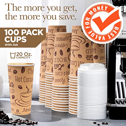 Disposable Coffee Cups with Lids 20 oz (100 Pack) - To Go Paper Coffee Cups for Hot & Cold Beverages, Coffee, Tea, Hot Chocolate, Water, Juice - Eco Friendly Cups