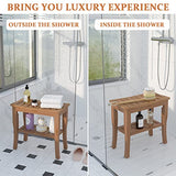 Domax Bamboo Shower Benches for Inside Shower - Bathroom Bench Seat Waterproof Wooden Shower Stool with Storage Shelf for Adults Elderly Seniors Wood Shower Chair for Bathtub or Small Spaces (Walnut)