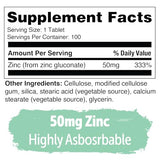 Yuve Natural Vegan Zinc Supplements 50mg, Immune Support, Fast Relief from Colds and Flu, Acne Free Skin, Healthy Hormone Levels, Non-GMO, Gluten & Sugar Free - 100 Vegetarian Tablets