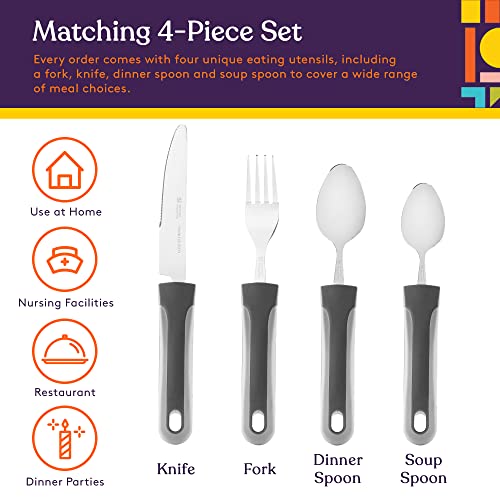 Special Supplies Adaptive Utensils (4-Piece Kitchen Set) Wide, Non-Slip Handles for Hand Tremors, Arthritis, Parkinson’s or Elderly Use, Stainless Steel Knife, Fork, Spoons (Gray Striped)