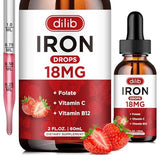 Liquid Iron Supplement for Women & Men Iron Drops Iron Supplements for Anemia with Folate, Vitamin C, B12 for Red Blood Cell Support-Strawberry, 2 Fl Oz