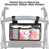 Update Flower Color Wheelchair Bag Side Organizer Storage Armrest Pouch with Cup Holder and Reflective Stripe Use Waterproof Fabric, for Most Wheelchairs, Walkers or Rollators (Pink Floral)