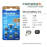 Renata Size 312 Zinc Air 1.45V Hearing Aid Battery - Designed in Switzerland (30 Batteries)