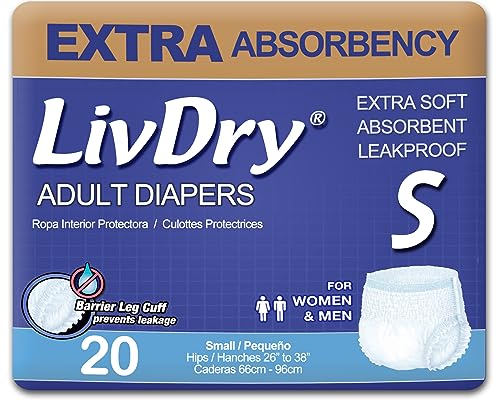 LivDry Adult Incontinence Underwear, Extra Absorbency Adult Diapers, Leak Protection, Small, 20-Pack