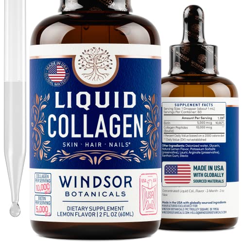 Concentrated Liquid Collagen Peptides Supplement - Hair, Skin, Nail, Joints Support - Sublingual Drops by WINDSOR BOTANICALS - 10,000mcg Collagen, 5,000mcg Biotin - Lemon Flavor - 2-Month - 2 oz