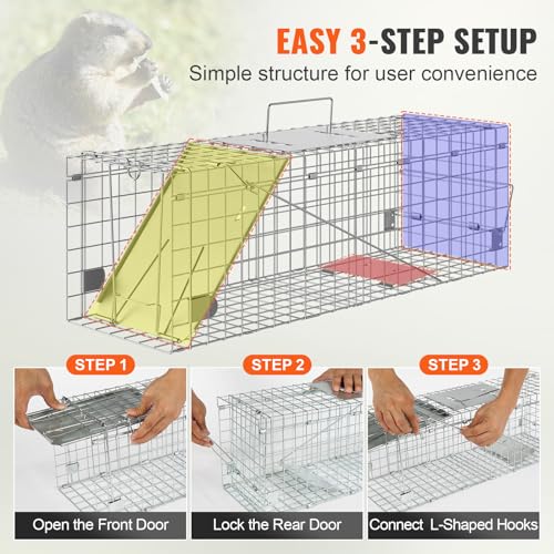 VEVOR Live Animal Cage Trap, 24" x 8" x 8" Humane Cat Trap Galvanized Iron, Folding Animal Trap with Handle for Rabbits, Stray Cats, Squirrels, Raccoons, Groundhogs and Opossums