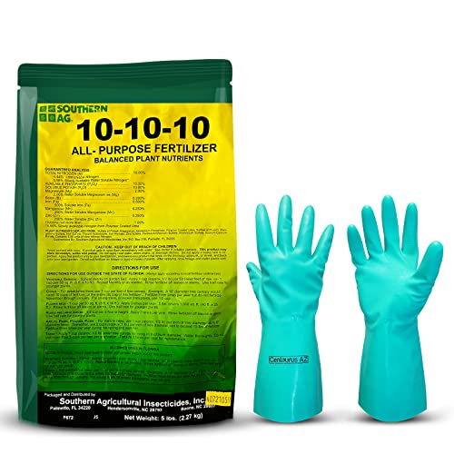 Southern Ag Fertilizer 10-10-10 - Fertilizer for vegetable garden & Flowerbed Roses & Large Shrubs and Fruit Trees- All-purpose Granular Fertilizer- Available with Premium Quality Centaurus AZ Gloves-5LB