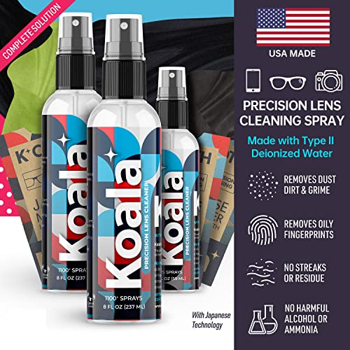 Koala Eyeglass Lens Cleaner Spray Kit | (2x) 8 oz + (1x) 2 oz Glasses Cleaner Bottle + 3 Microfiber Cloth | Alcohol Free Screen and Camera Cleaning Kit (6 Piece Set)