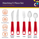 Special Supplies Adaptive Utensils 5-Piece Set Non-Weighted, Non-Slip Handles for Hand Tremors, Arthritis, Parkinson’s or Elderly Use - Stainless Steel Knife, Rocker Knife, Fork, Spoons - Red