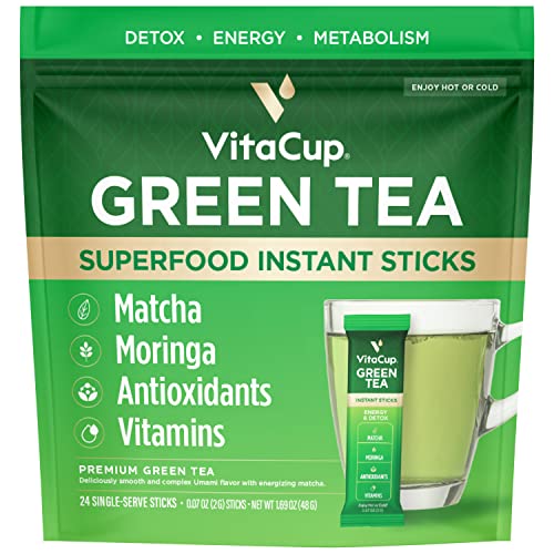 VitaCup Green Tea Instant Packets, Enhance Energy & Detox with Matcha, Moringa, B Vitamins, D3, Fiber, Keto, Paleo, Vegan in Tea Powder Single Serving Sticks, 24 Ct