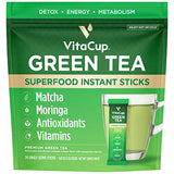 VitaCup Green Tea Instant Packets, Enhance Energy & Detox with Matcha, Moringa, B Vitamins, D3, Fiber, Keto, Paleo, Vegan in Tea Powder Single Serving Sticks, 24 Ct
