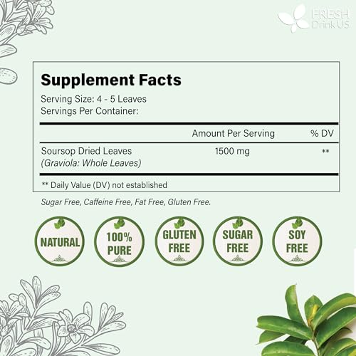 FreshDrinkUS, 230+ Premium Soursop Graviola Leaves Tea, 230-250 Natural Whole Dried Leaves, Wildcrafted, Graviola, Soursop, Hoja Guanabana, Soursop Loose Leaf Herbal Tea, No Gluten, Vegan, Soursop/ Guanabana/ Graviola Tea