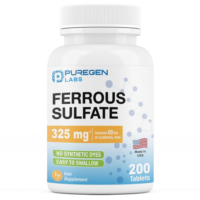 Puregen Labs Ferrous Sulfate 325 mg (65 mg Elemental Iron) High Potency Iron Supplement | No Artificial Color Additives - Total 400 Tablets Made in USA