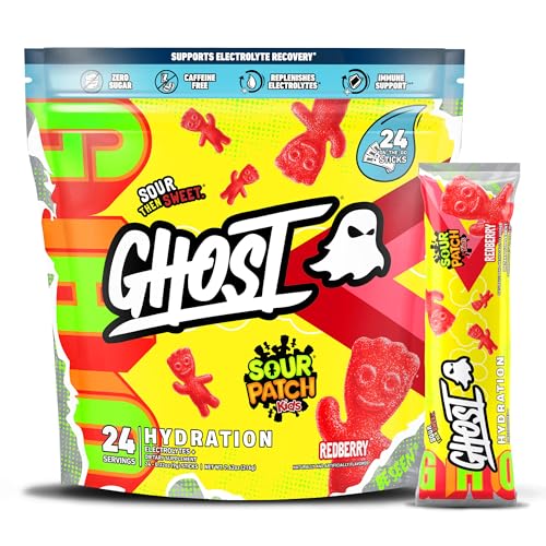 GHOST Hydration Packets, Sour Patch Kids Redberry, 24 Sticks, Electrolyte Powder - Drink Mix Supplement with Magnesium, Potassium, Calcium, Vitamin C - Vegan, Free of Soy, Sugar & Gluten