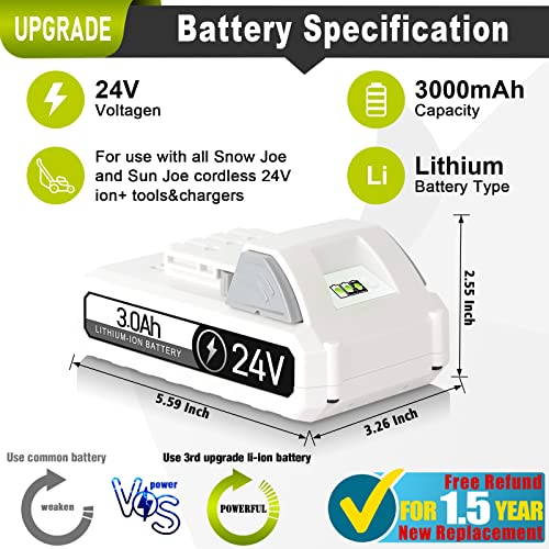 TenHutt 【Upgrade】 24V 3.0Ah Replacement Battery for Snow Joe, Sun Joe, Power Joe, Aqua Joe 24V iON+ Tools 24BAT-LTX 24VBAT-LTW 24VBAT-LTE 24VBAT-LT 24VBAT 24VBAT-XR Lithium Ion Power Tool Battery