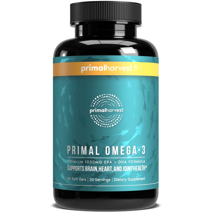 Primal Harvest Omega 3 Fish Oil Supplements, 30 Servings Soft Gels Capsules w/ 1000mg EPA + DHA Supplements, No Fishy Burps Non-GMO Omega 3 Fatty Acid