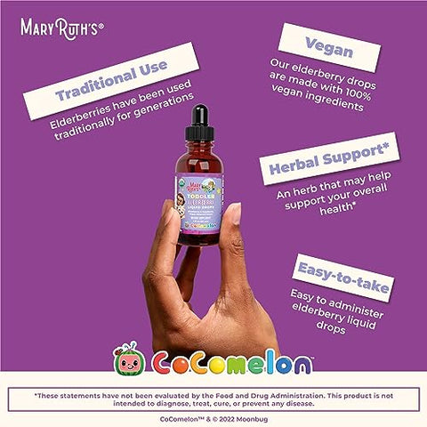 MaryRuth's | Cocomelon Toddler Black Elderberry Liquid Supplement | USDA Organic | Sambucus | Ages 1-3 Years | Immune Support & Overall Health | Vegan, Non-GMO, Gluten Free | 30 Servings