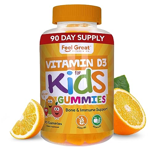 Feel Great Kids Vitamin D3 1000 IU Gummies | Kids Vitamin D Gummies for Healthy Bones, Mood, & Immune Support | Citrus Flavored Vegetarian D3 Gummies | 90 Day Supply