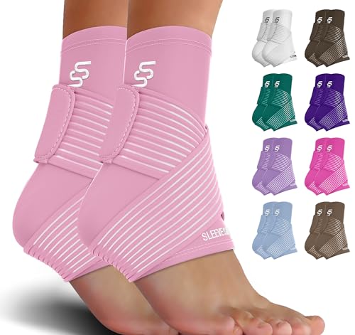 Sleeve Stars Ankle Brace for Women & Men, Achilles & Plantar Fasciitis Relief Compression Sleeve, Foot Brace with Ankle Support Strap, Heel Protector Wrap for Pain, Tendonitis & Sprain (Pair/Baby Pink)