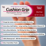 Cushion Grip Thermoplastic Denture Adhesive for Refitting and Tightening Loose Dentures [Not a Glue Adhesive, Acts Like a Soft Reliner] (1 Oz) Hold Dentures for Up to 4 Days.