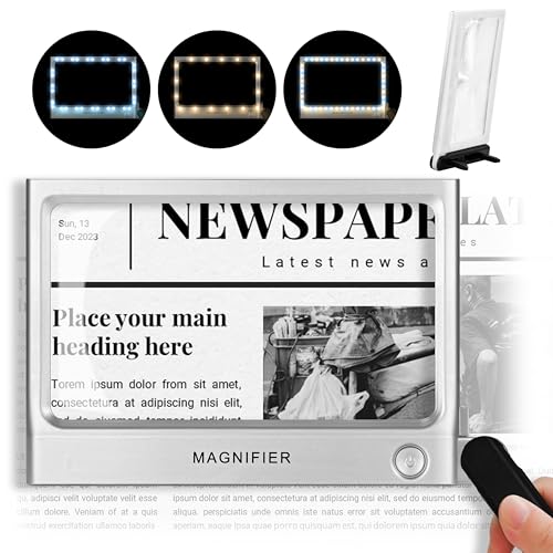 Magnifying Glass with Light, Folding Handheld 5X Large Rectangle Lighted Magnifier with Dimmable LED for Macular Degeneration Seniors Reading Newspaper, Books, Lighted Gift for Low Visions (Silver)